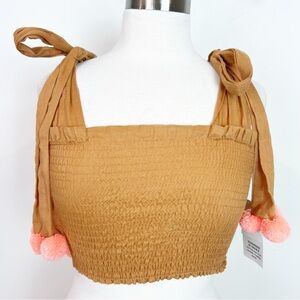 SUNDRESS BROWN SMOCKED SLEEVELESS CROP TANK TIE POM POM SHOULDER STRAPS XS/S NWT